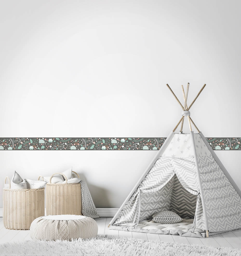 Grau und bunte Borte Blätter und Waldtiere Kids Walls Marburg 45871