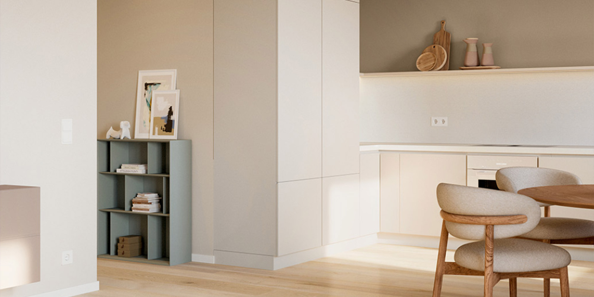 Helle Wohnküche mit beige gestrichenen Wänden als Beispiel für Silikat Innenfarben