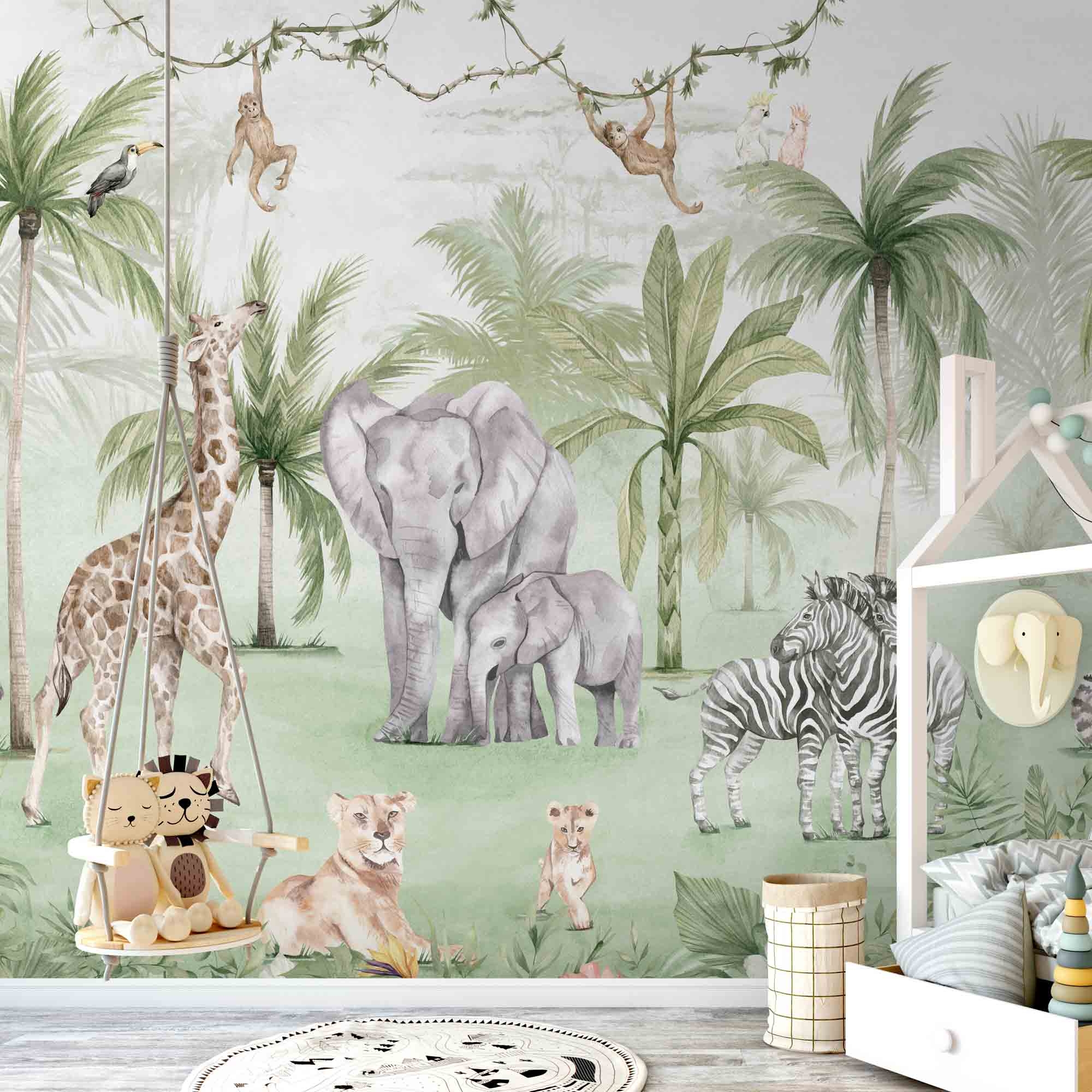 Safari Wandbild Dschungel Elefant Giraffe grün