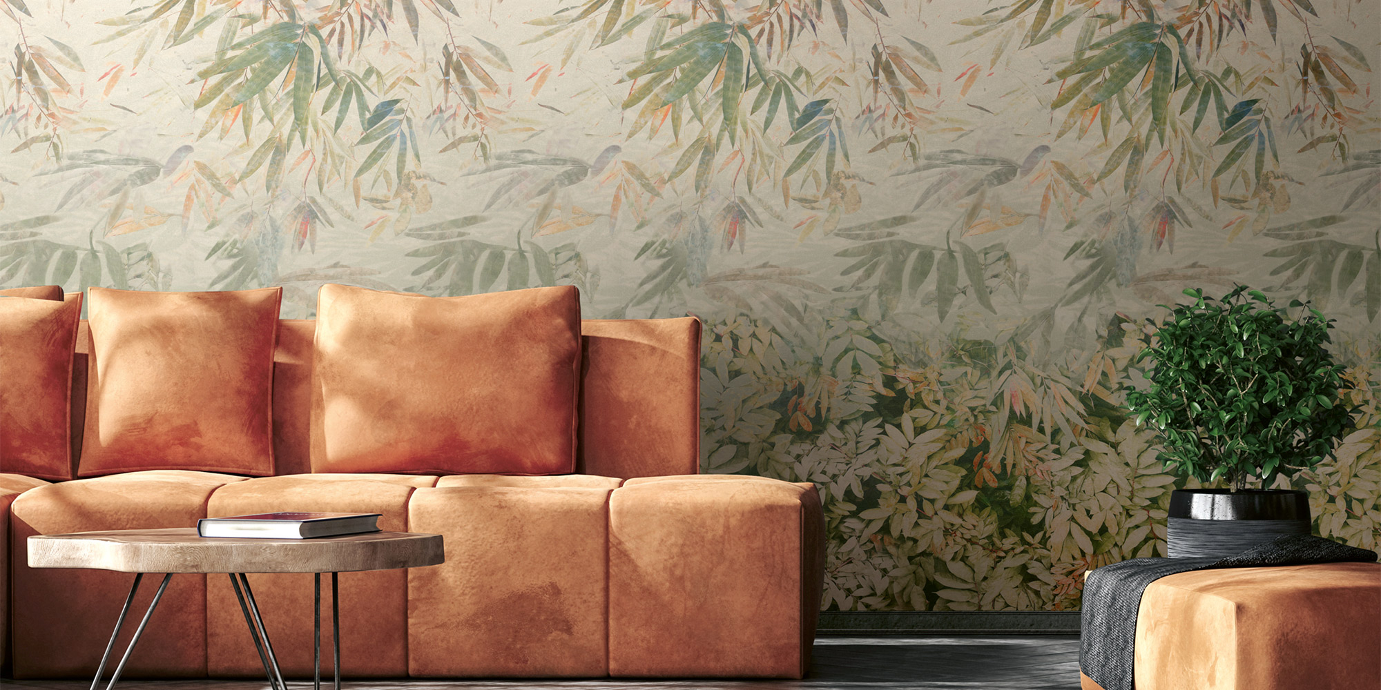 Wohnzimmer mit botanischer Tapete und Sofa als Beispiel für Wandbeläge