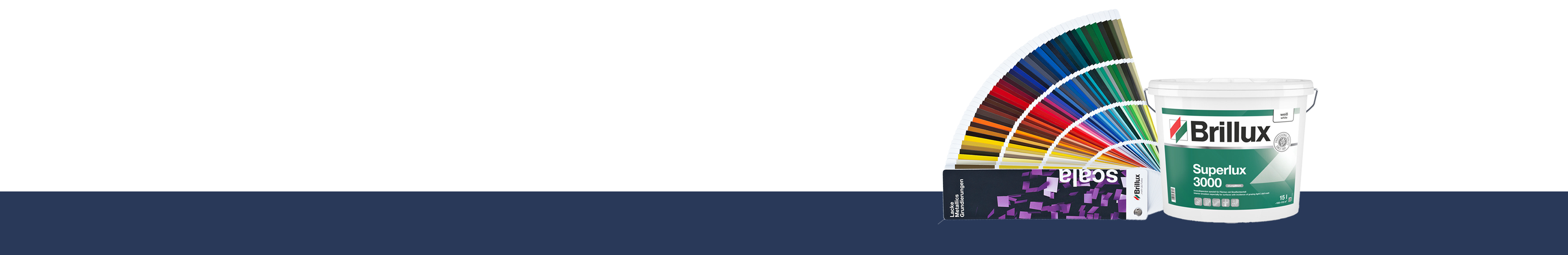 Brillux Farbeimer und bunter Farbfächer als Inspiration für die Farbauswahl