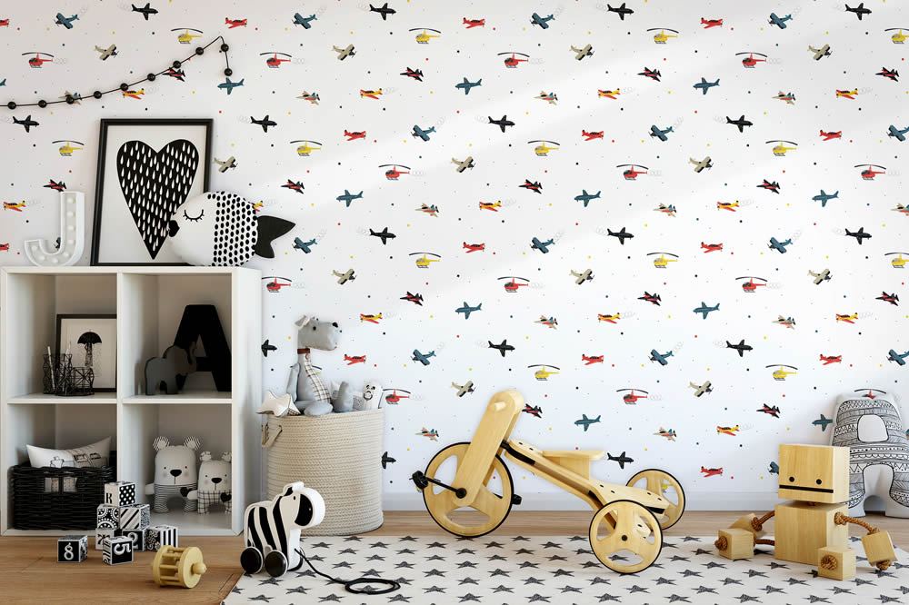 Raketen Sternchen und Flugzeuge Tapete weiß und bunt Kids Walls 45819