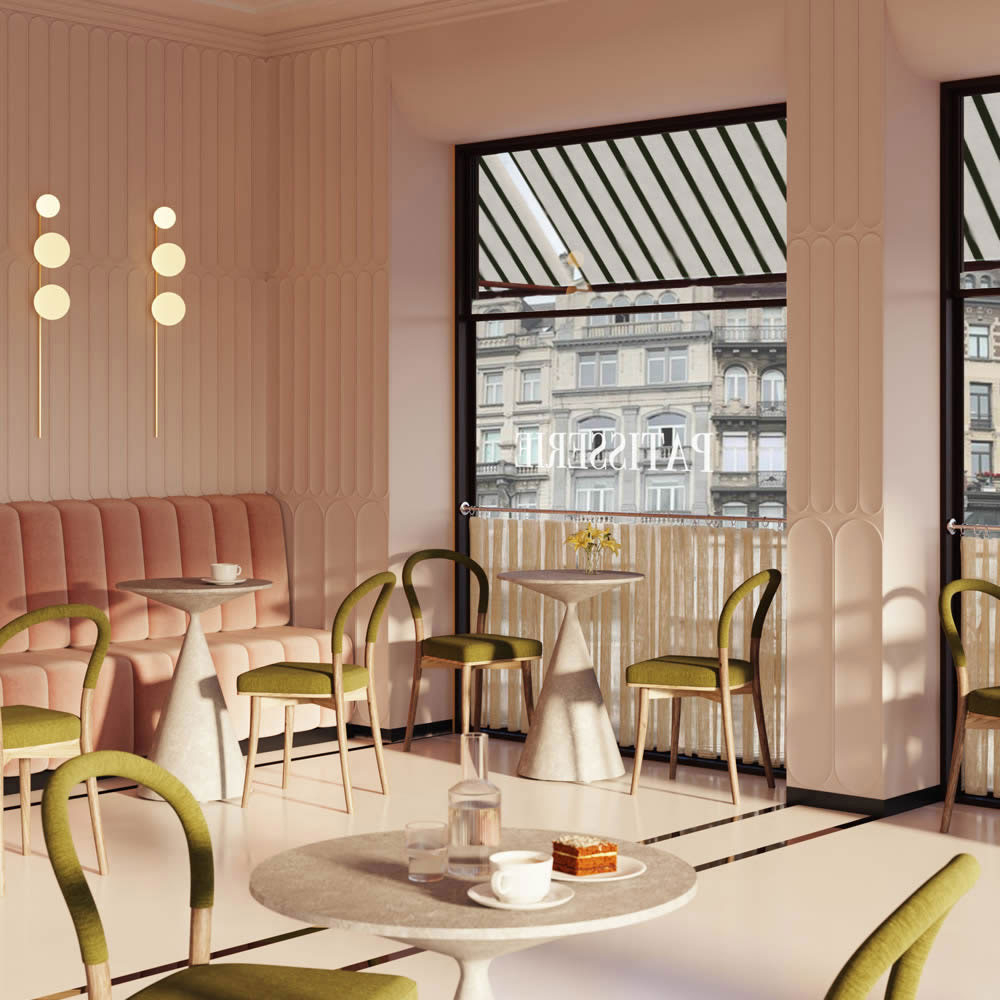 Curved forms reimagined with modern wall profiles Stylish café with rounded moulding elements and decor