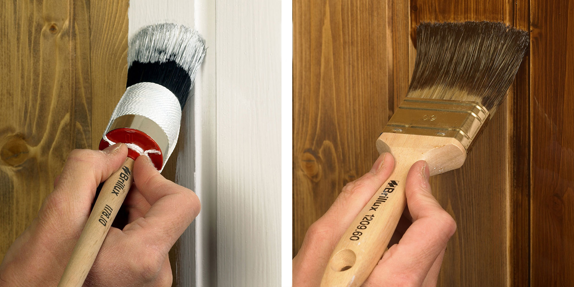 Pinsel streicht dunklen Lack auf Holz - Nahaufnahme fuer FAQ zur richtigen Verarbeitung