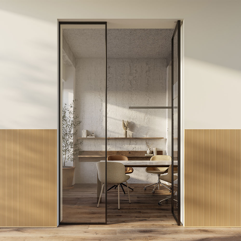 Wood-effect moulding panels for modern interiors Glass door opens to a room with stylish wood-look panels