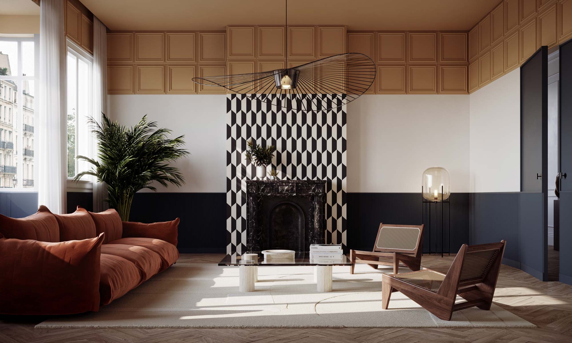 A living room with an abstract wall design featuring stucco moldings and linear wall panels.
