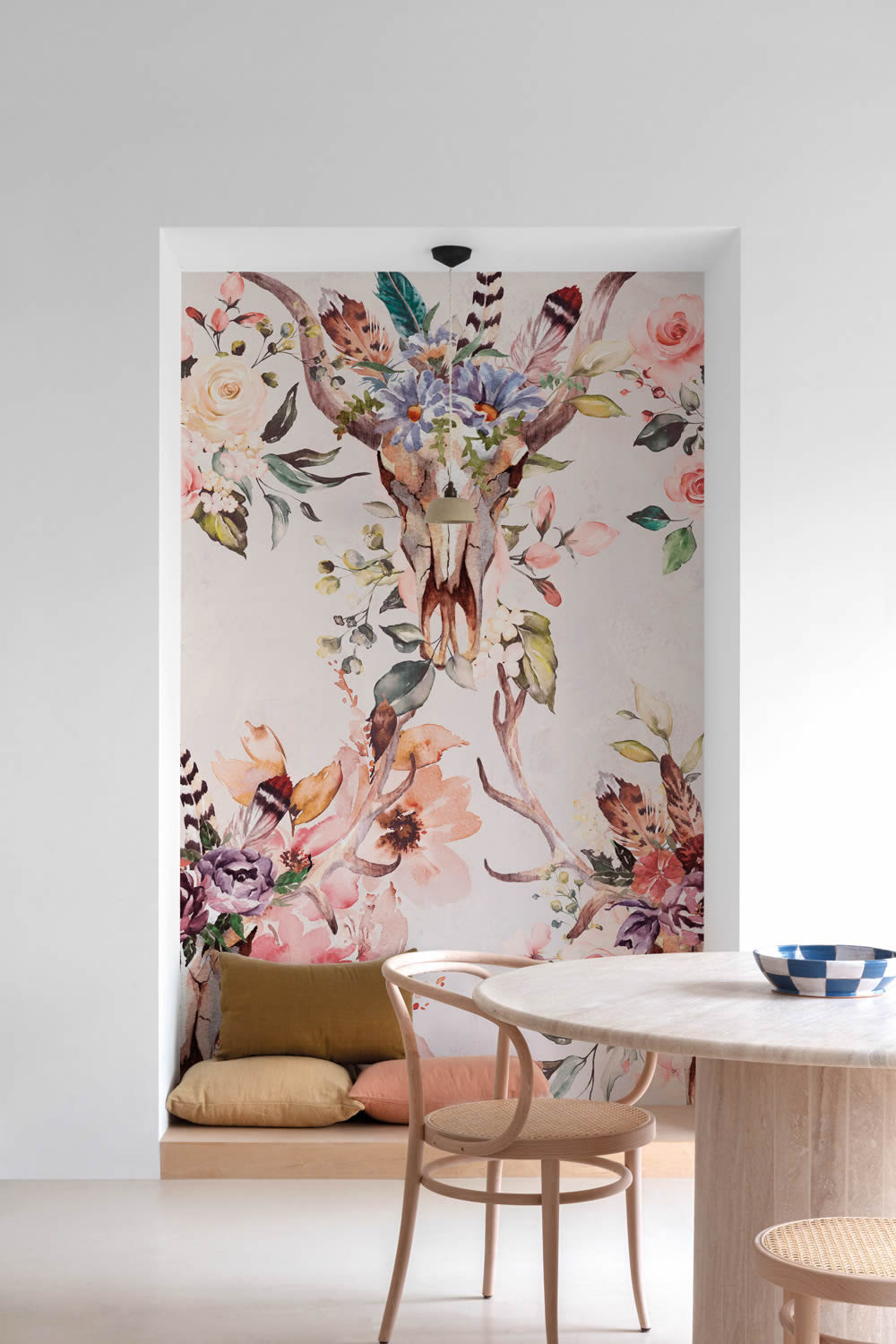 Wandbild 159 x 280 cm Blumen Schädel Boho rosa ML2101