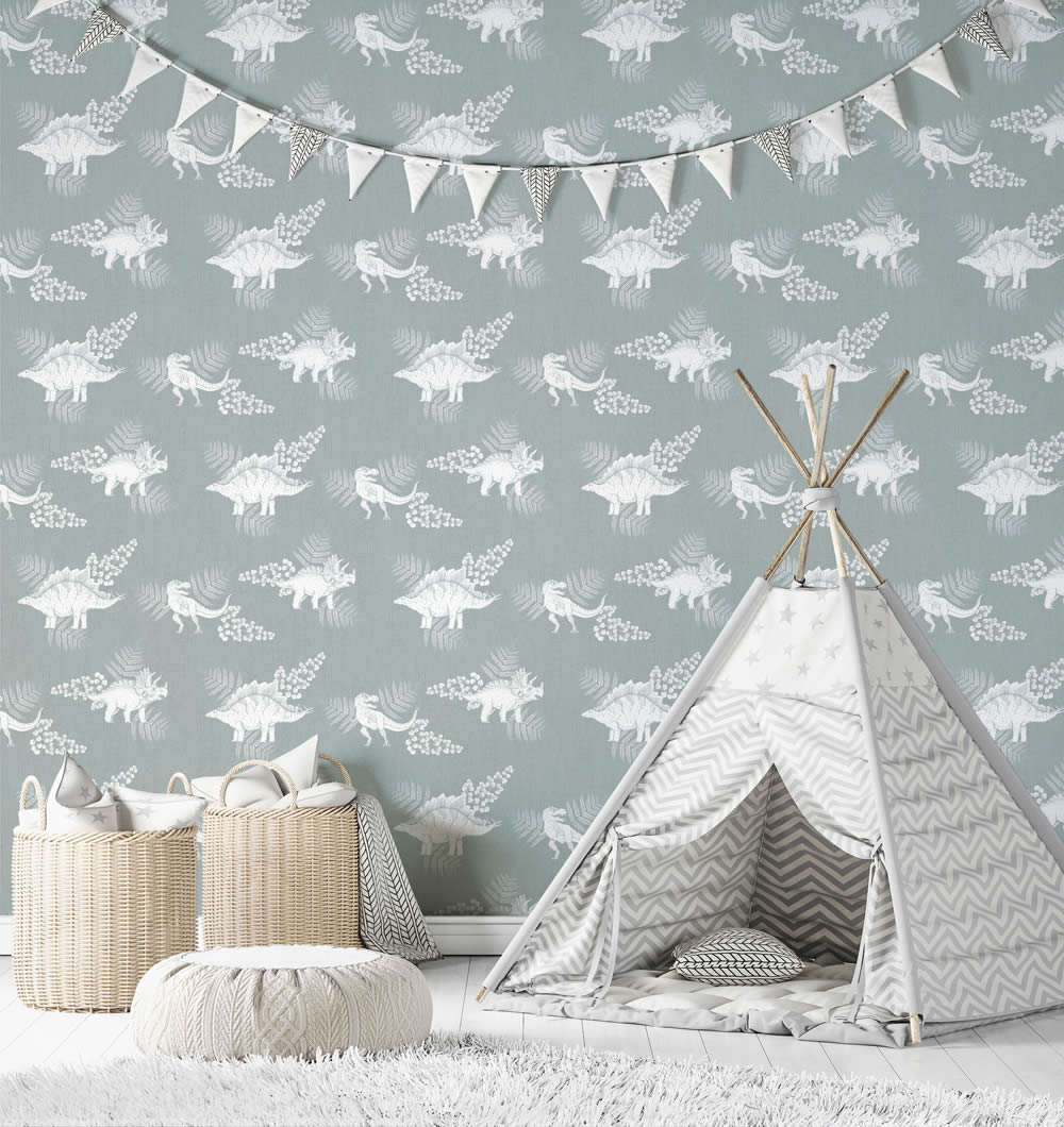 Dinos und Blumenranken Tapete grau und weiß Kids Walls Marburg 45805