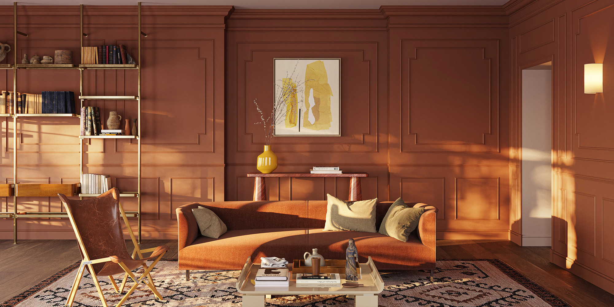 Stuckleisten gestalten dekorative Wandfelder an den Wänden im Wohnzimmer.