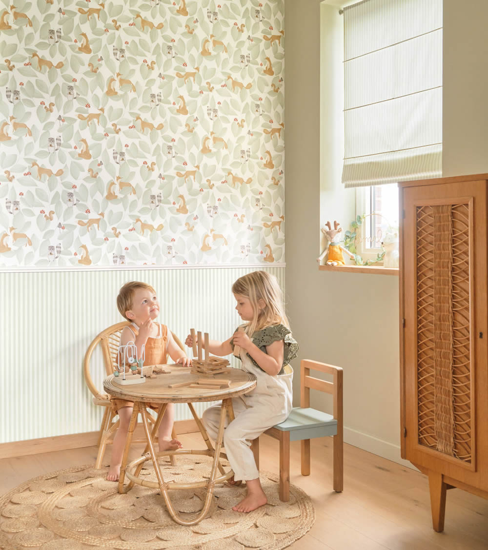 Vliestapete Füchse Waschbären Waldtiere weiß grün OUAT88277253