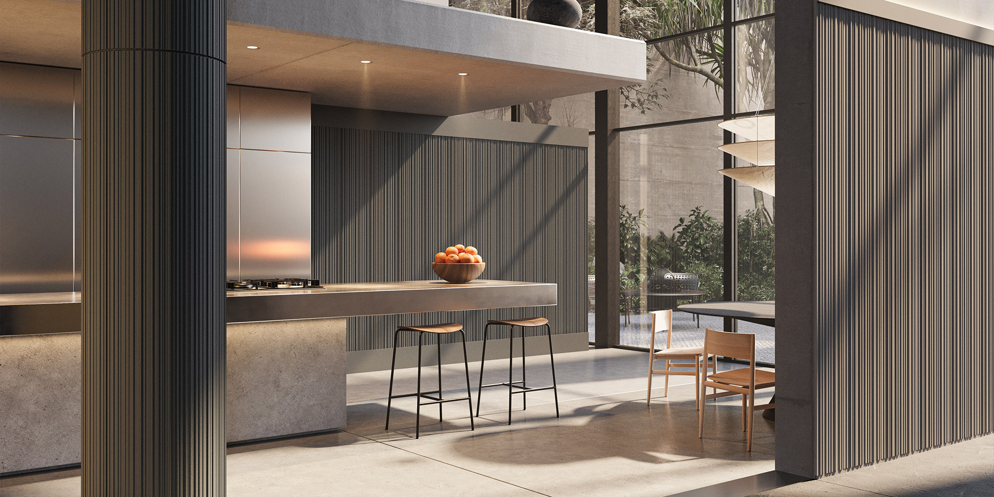 Moderne Designerküche mit einer exklusiven Wandgestaltung aus schwarzen linearen Wandpaneelen.