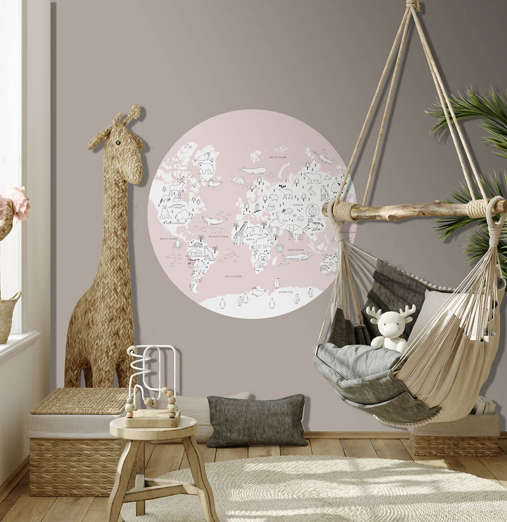 Wandbild Kinderweltkarte Tiere rosa vorgekleistert 100 x 100 cm