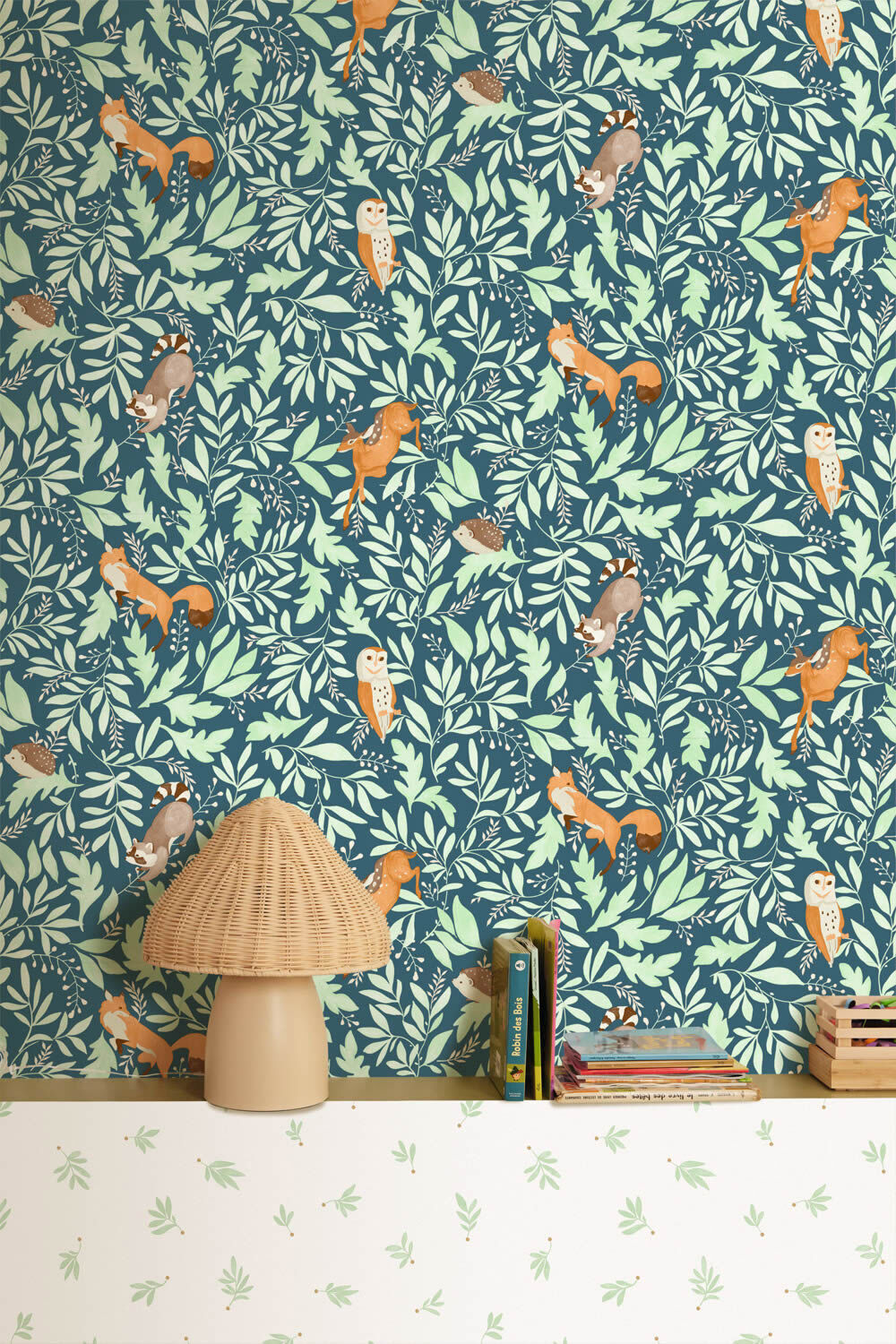 Animal wallpaper leaves raccoon owl dark blue and mint Les Minis Mondes Caselio MNM105746009