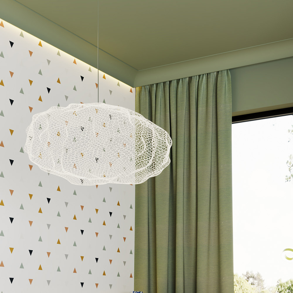 Minimalistische Wandgestaltung im Kinderzimmer mit farblich gestrichenen Gardinenleisten.