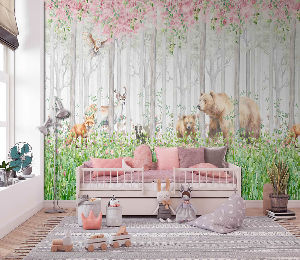 Wandbild Vlies Wald Waldtiere Eule Fuchs Bär Blumen grün grau pink CW6045-1-62-CW6045-1