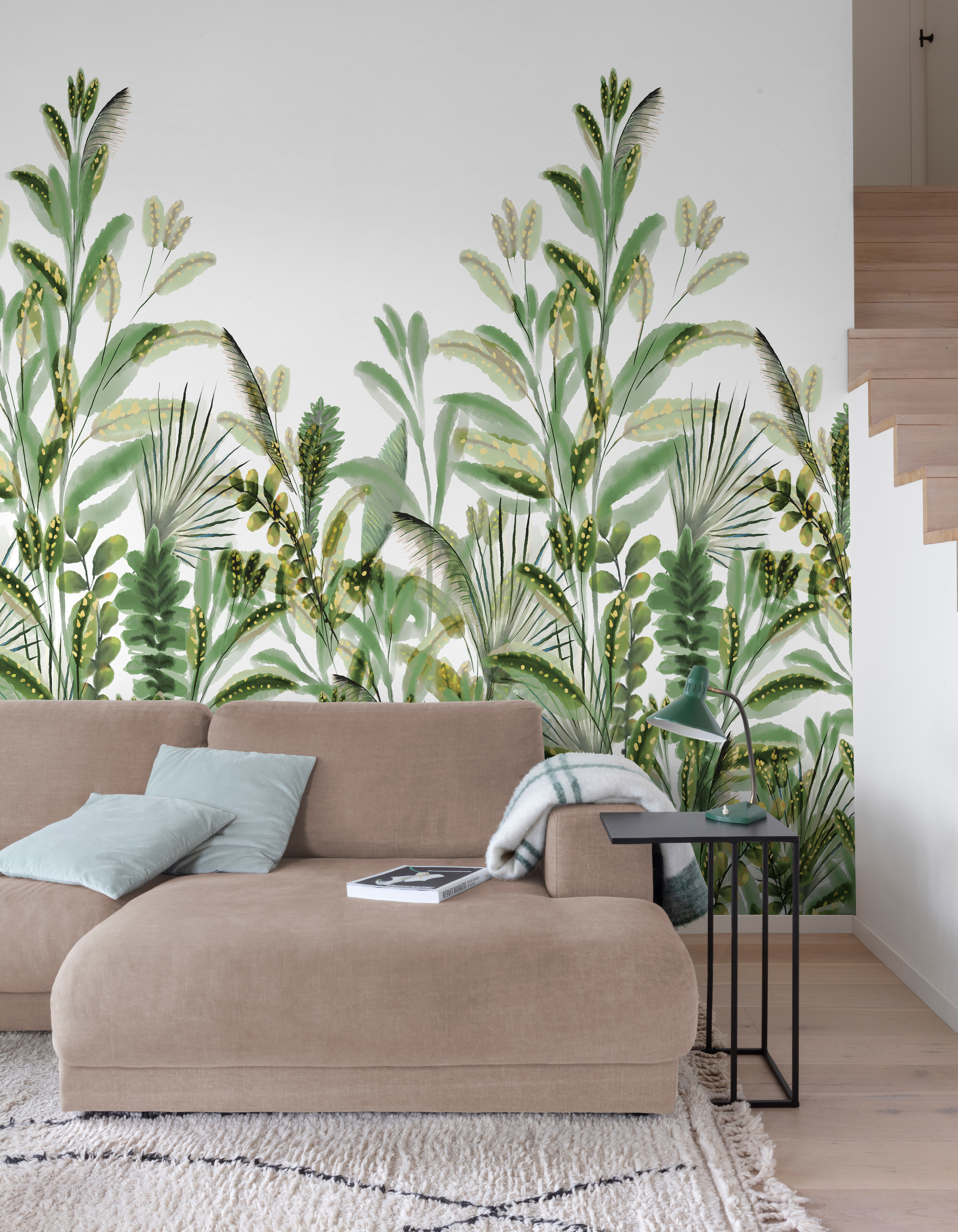 Wandbild 1,59 x 2,80 m Urwald Sträucher Mustertapete grün weiß A59502