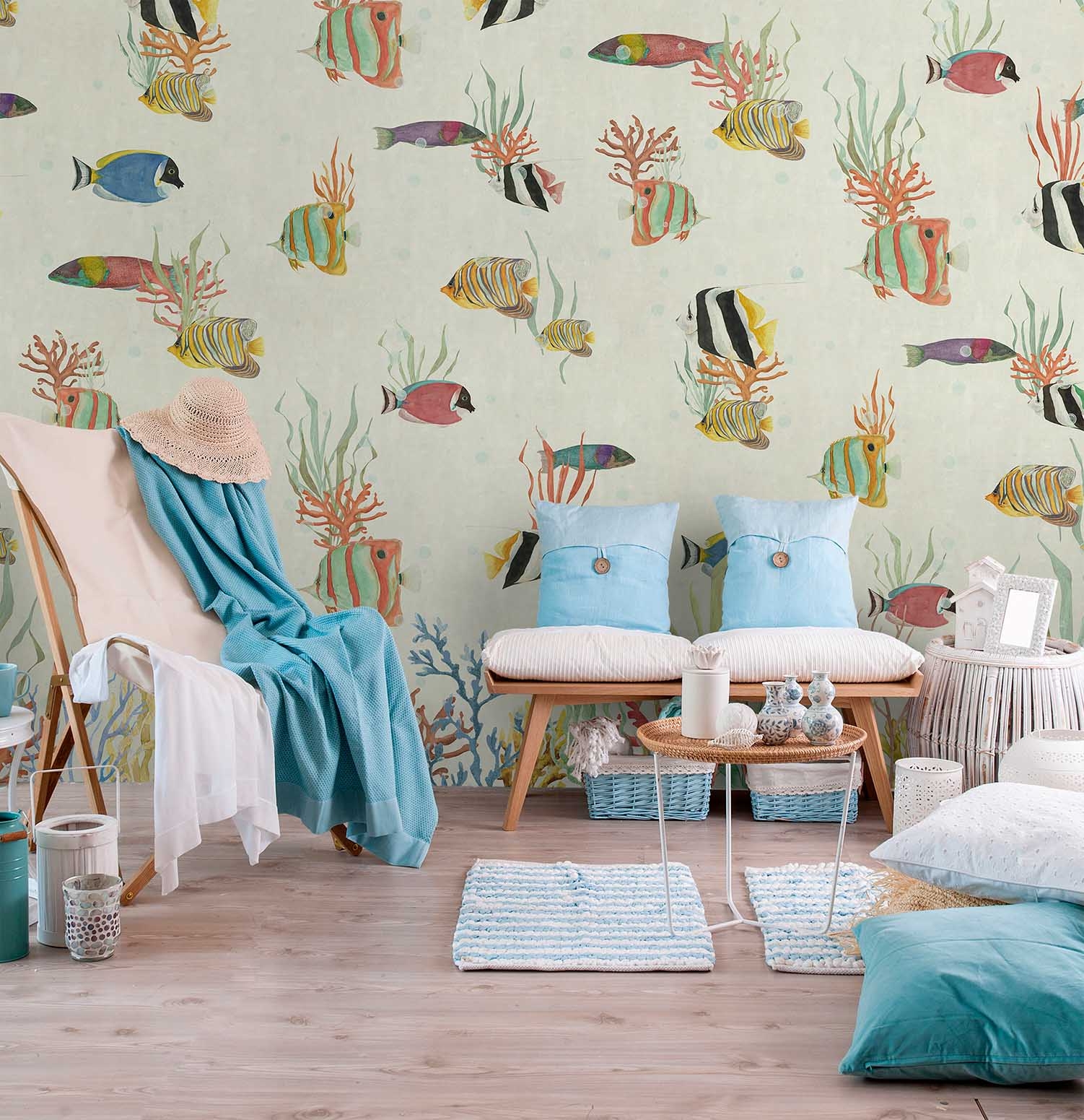 Unterwasser Wandbild bunte Fische Korallen beige