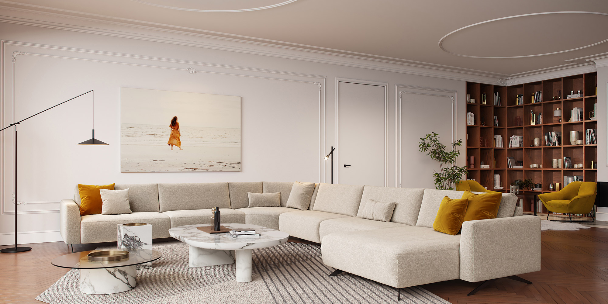 Gestaltung der Wände und Decke im Wohnzimmer mit Wandfeldern und Rundbögen aus Stuck.