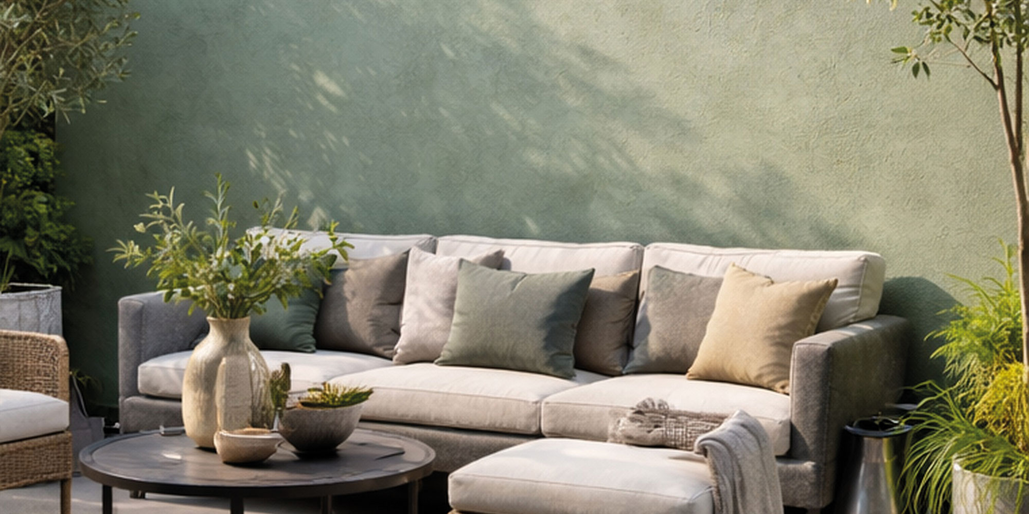 Moderne Terrasse mit grün gestrichener Außenwand und Sitzbereich