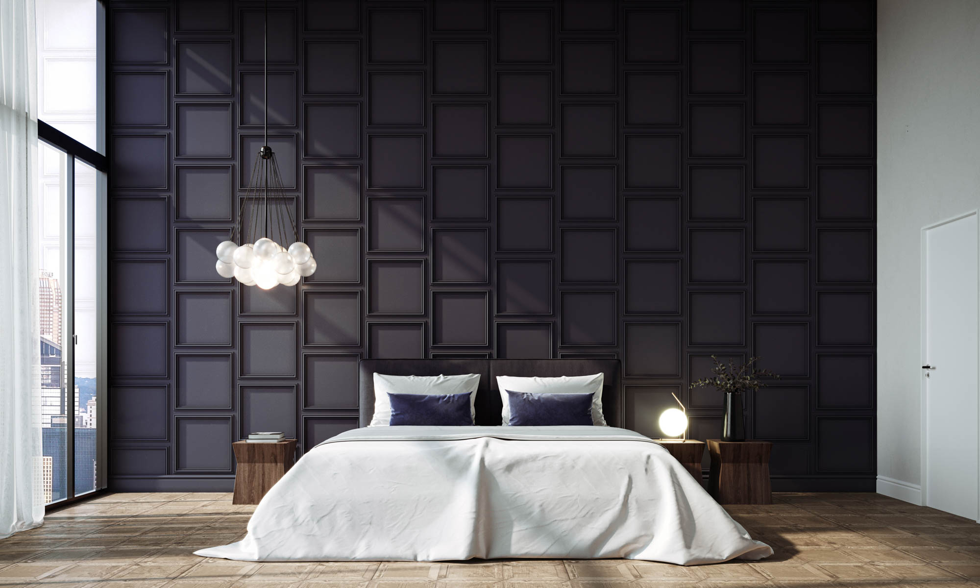 Coffered wall design behind the bed in the bedroom.