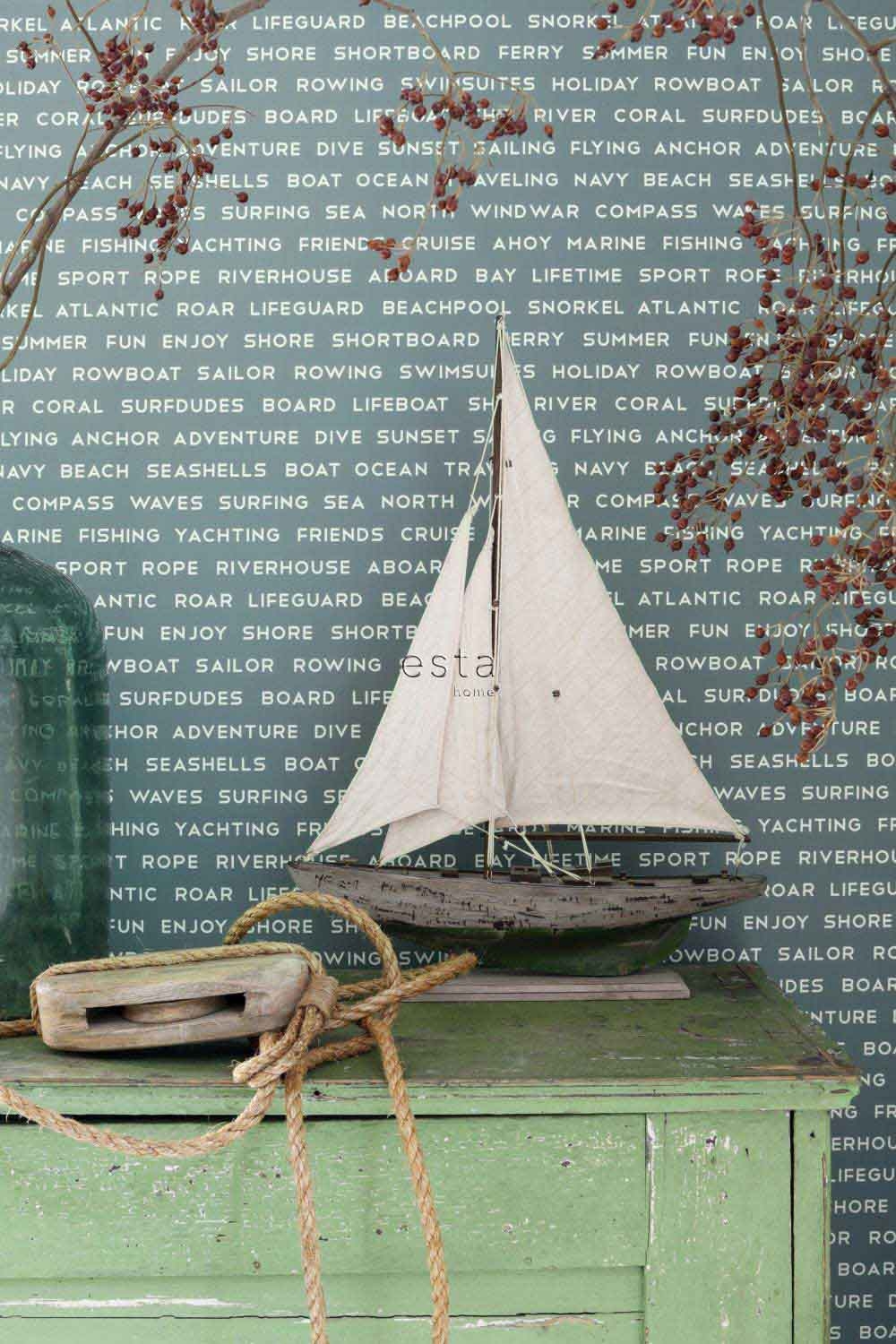 Maritime Schrift Tapete graugrün Vlies 138960