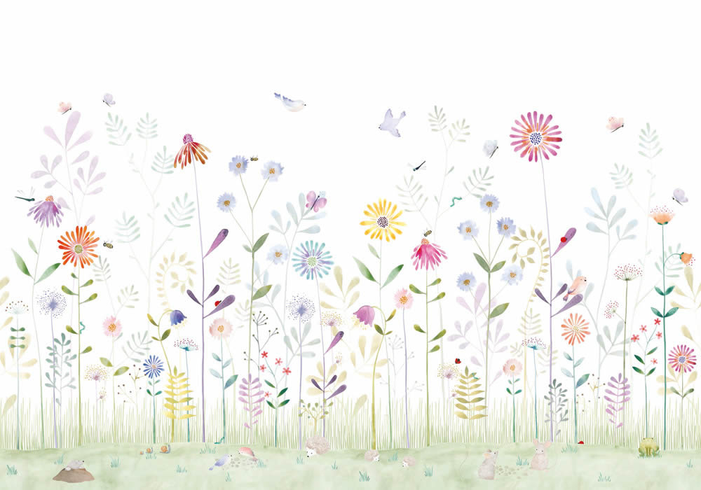 Wandbild 4,00 x 2,80 m pastellfarbene Blumenwiese Schmetterlinge