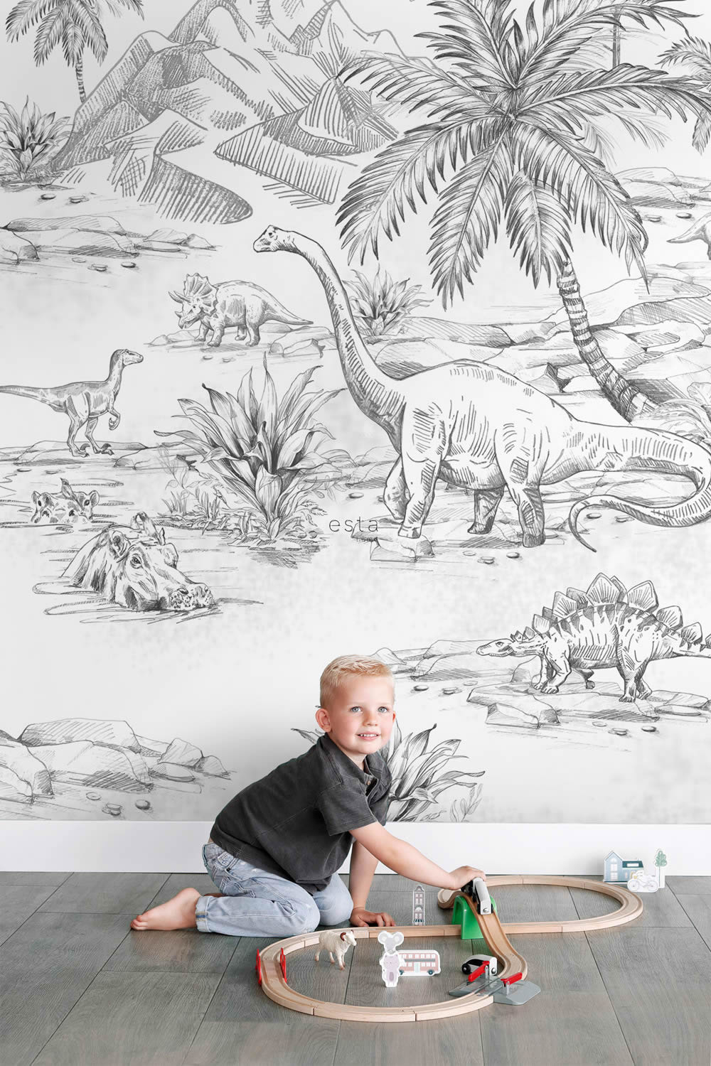 Wandbild 200 x 279 cm Dinos 4 Bahnen schwarz weiß 159237