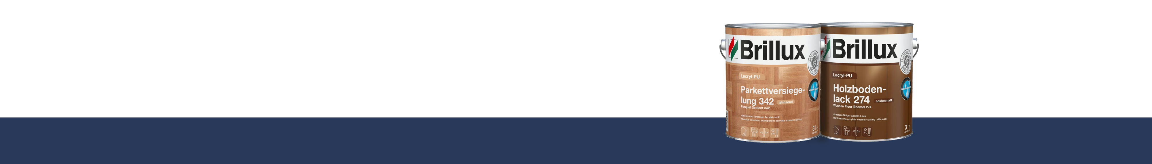 Banner mit Brillux Parkettversiegelung und Holzbodenlack auf dunklem Balken - Produkte für Bodenschutz