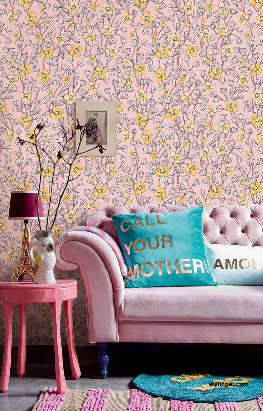 Flower tendril mural pink yellow-55-383616