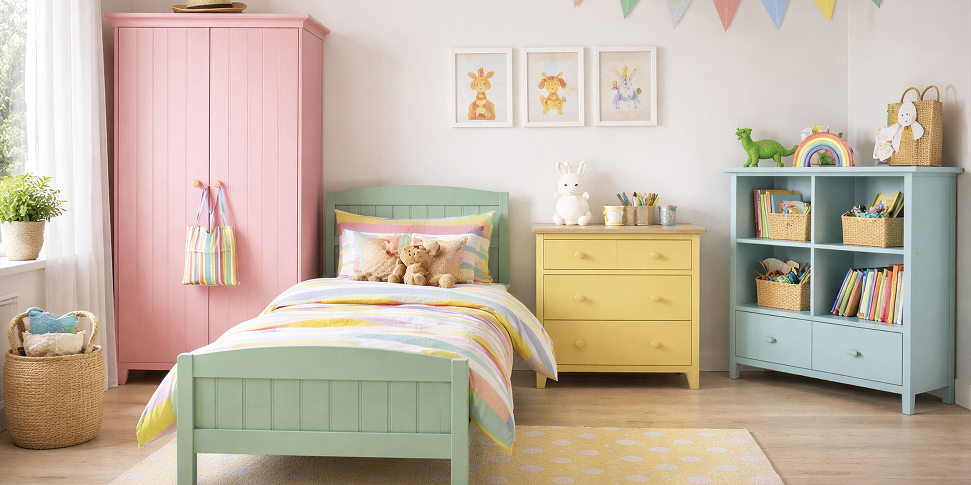 Ein Kinderzimmer wo die MÖbel in bunten Farben gestrichen wurden.