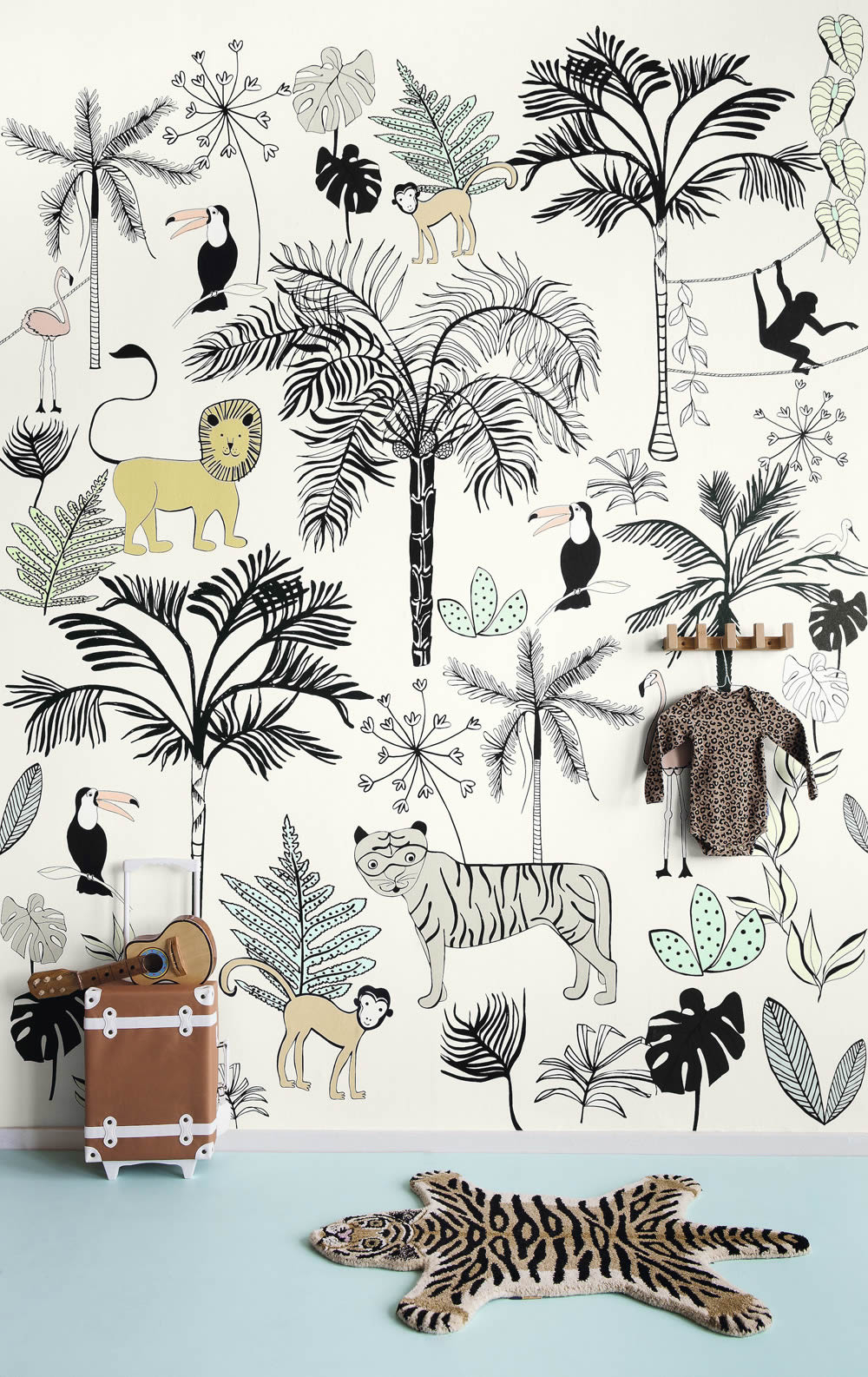 Wandbild Jungle Tiere Löwen Tiger Affen Palmen Beige 842173
