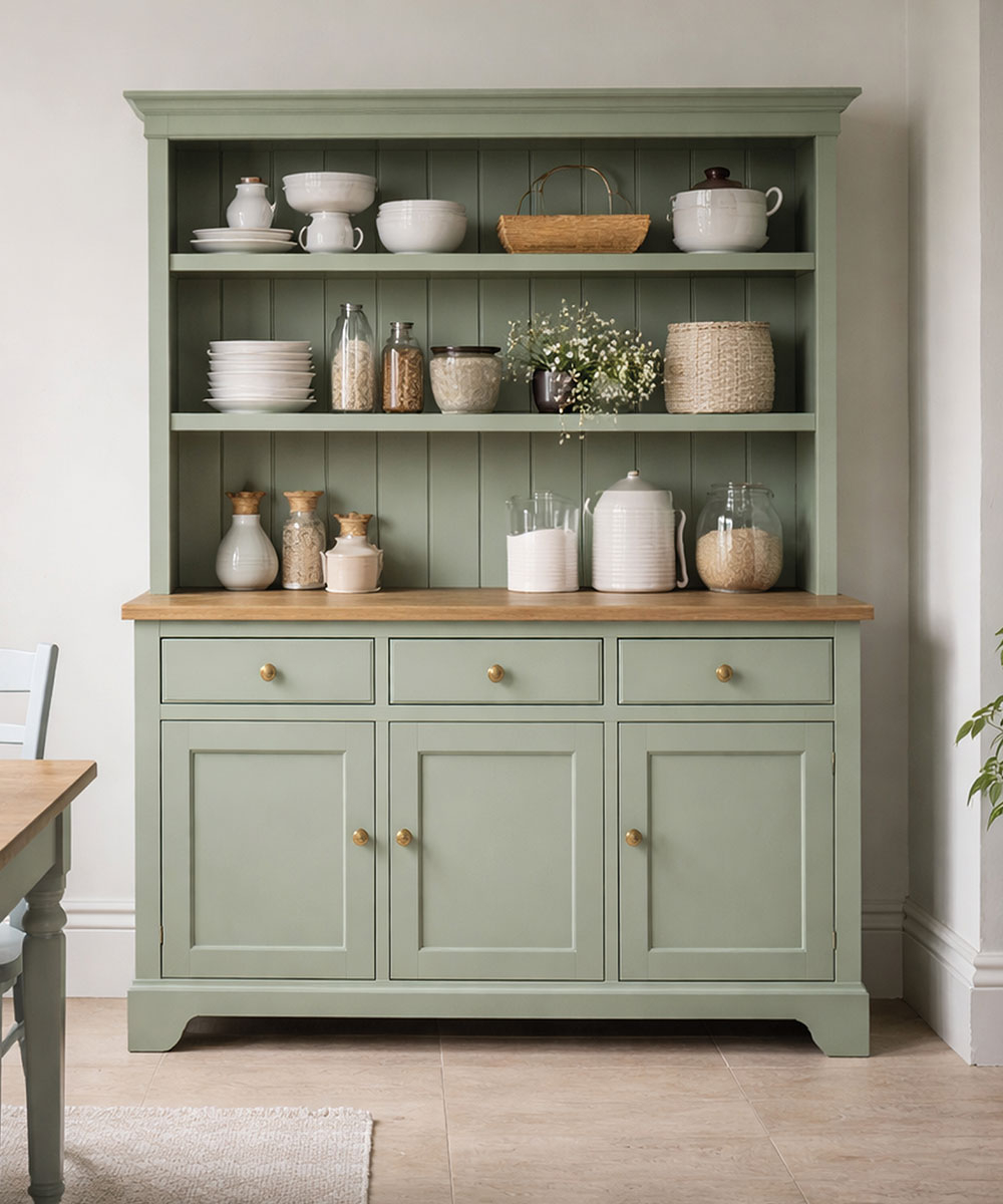 Kueche mit gruen gestrichenem Schrank und Geschirr hinter Glas - Beispiel fuer Kuechenmoebel streichen