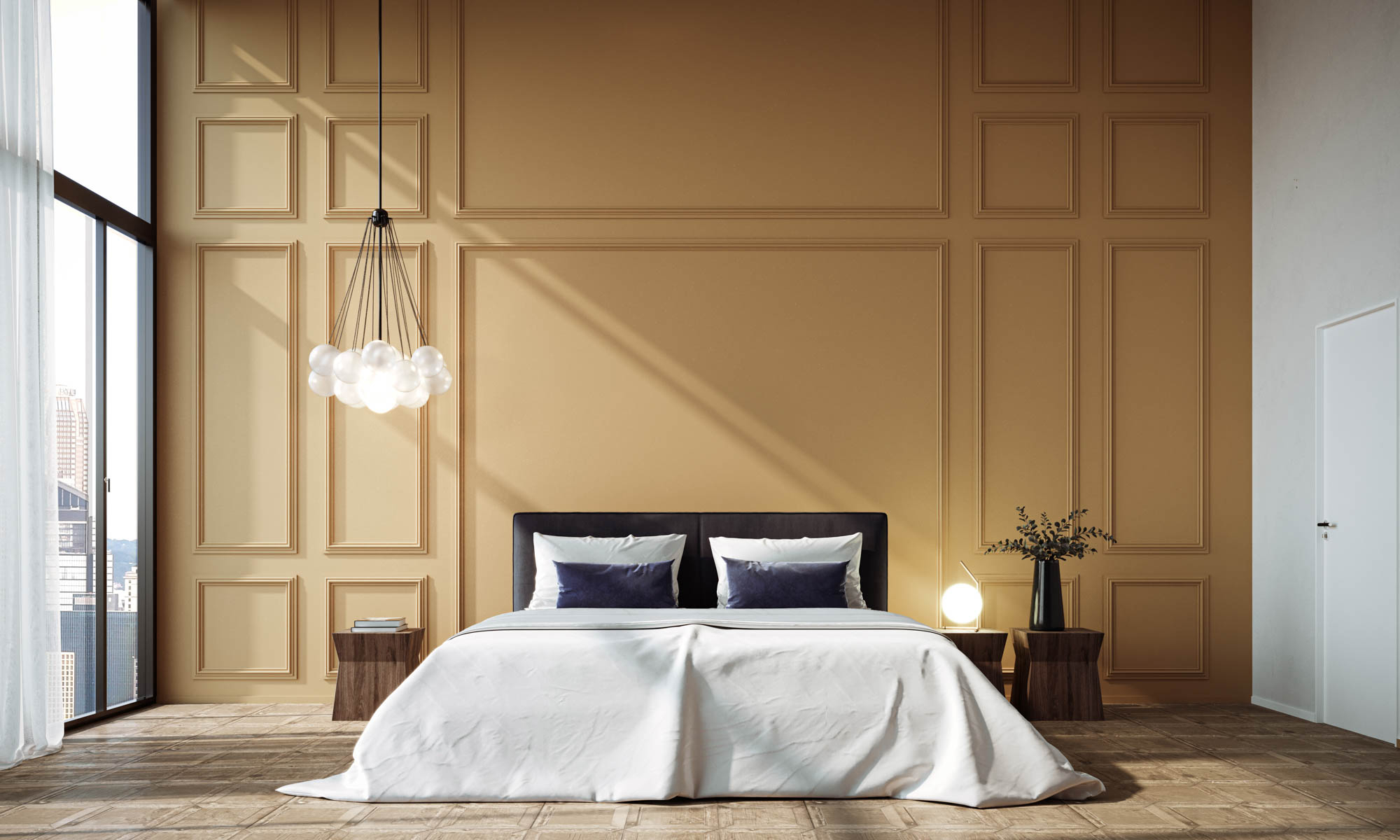 A bedroom with high ceilings where the wall behind the wall is decorated with stucco panels of varying sizes.