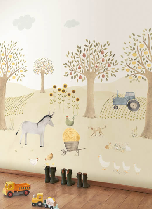 Wandbild 2,00 x 3,10 m Obstwiese Traktor Esel Huhn Bauernhof pastellfarben