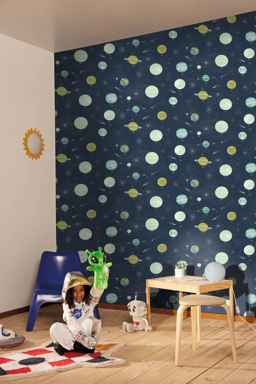 Space non-woven wallpaper Milky Way stars and planets dark blue green Les Minis Mondes Caselio MNM105686066