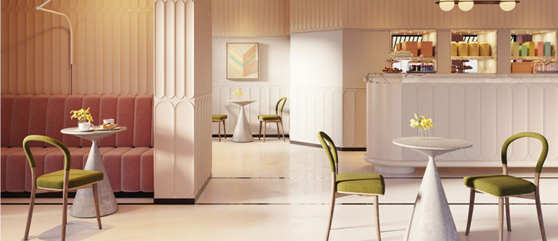 Elegance through curved wall design with mouldings Café with curved pastel wall panels