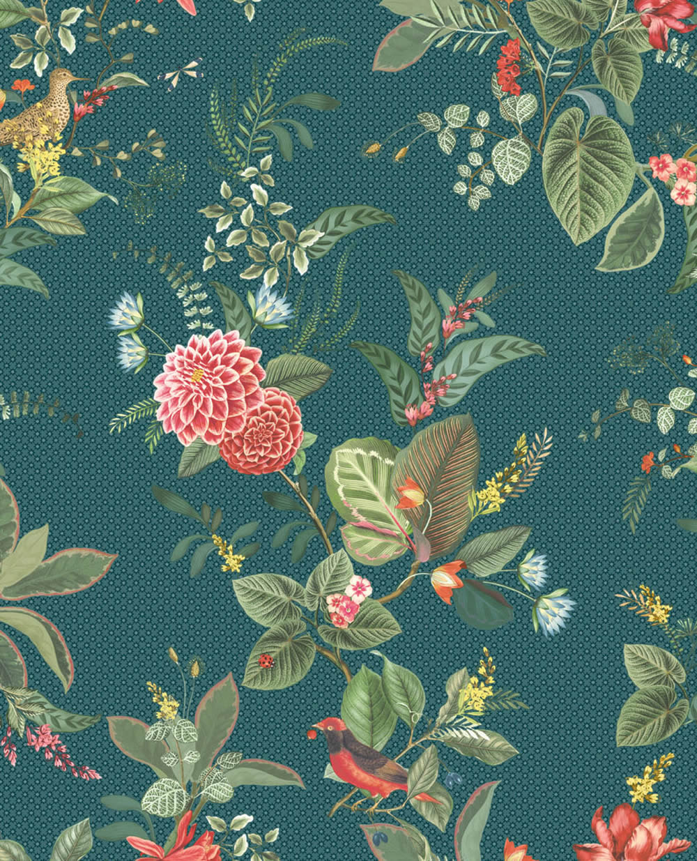 Wallpaper teal leaves flowers birds Pip Studio 5 300116-55-300116