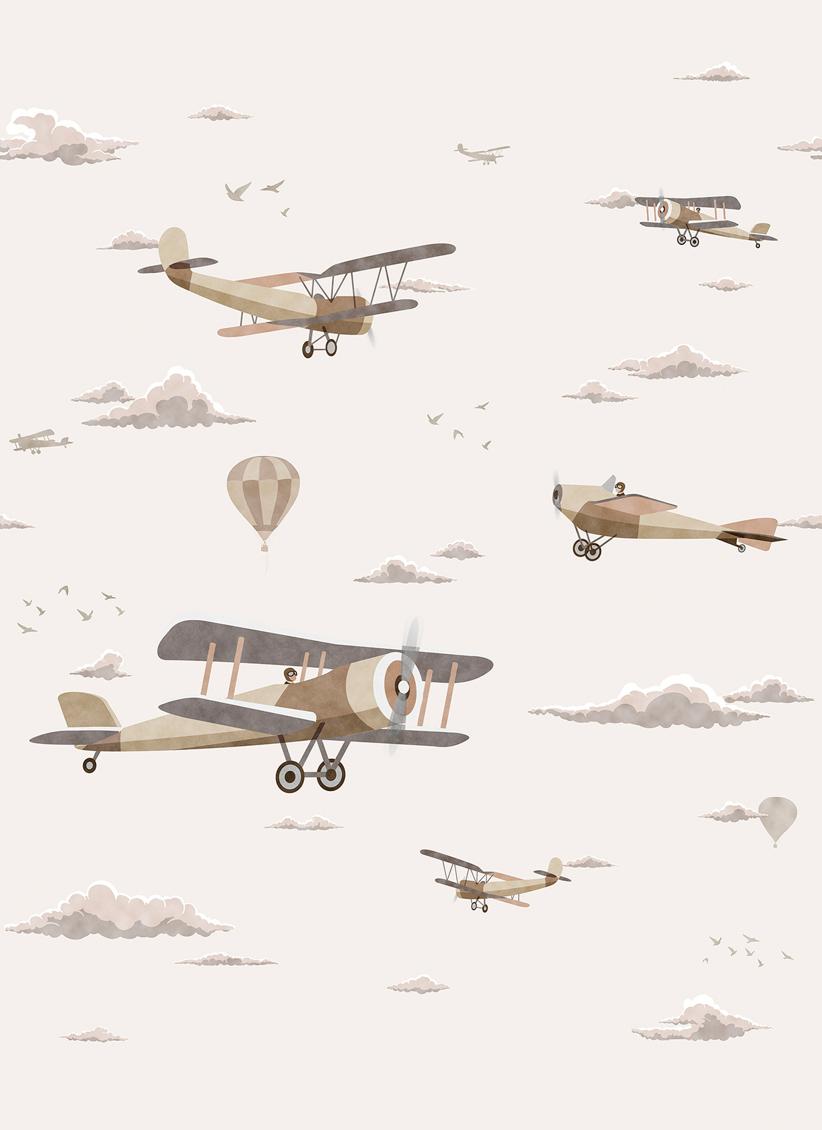 Wandbild vintage Flugzeuge bunte Doppeldecker beige Prägevlies