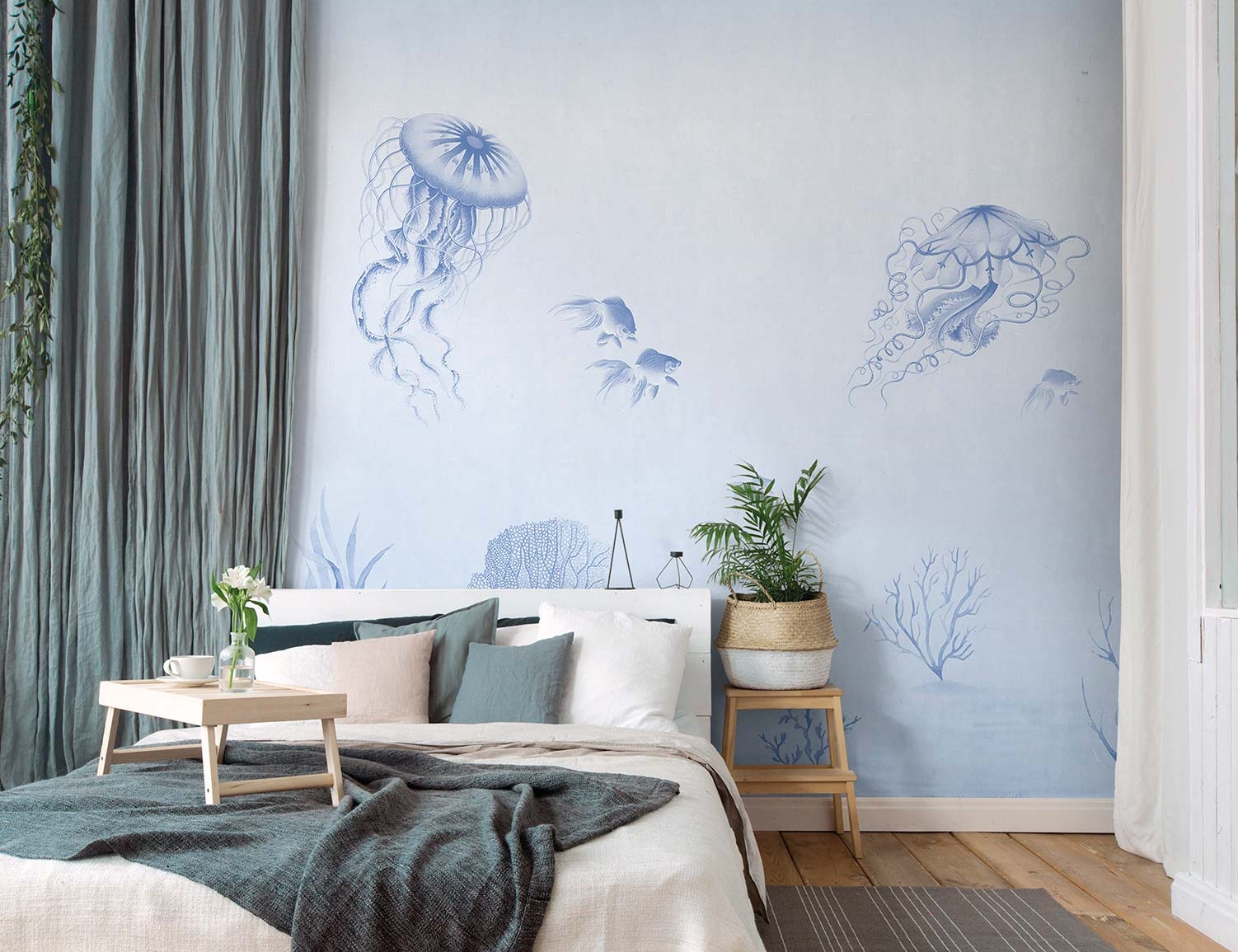 Unterwasser Wandbild Korallen Quallen blau