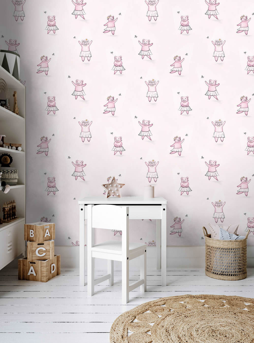 Animal wallpaper nonwoven piggy and dragonfly dancing delicate pink 27572-HTM