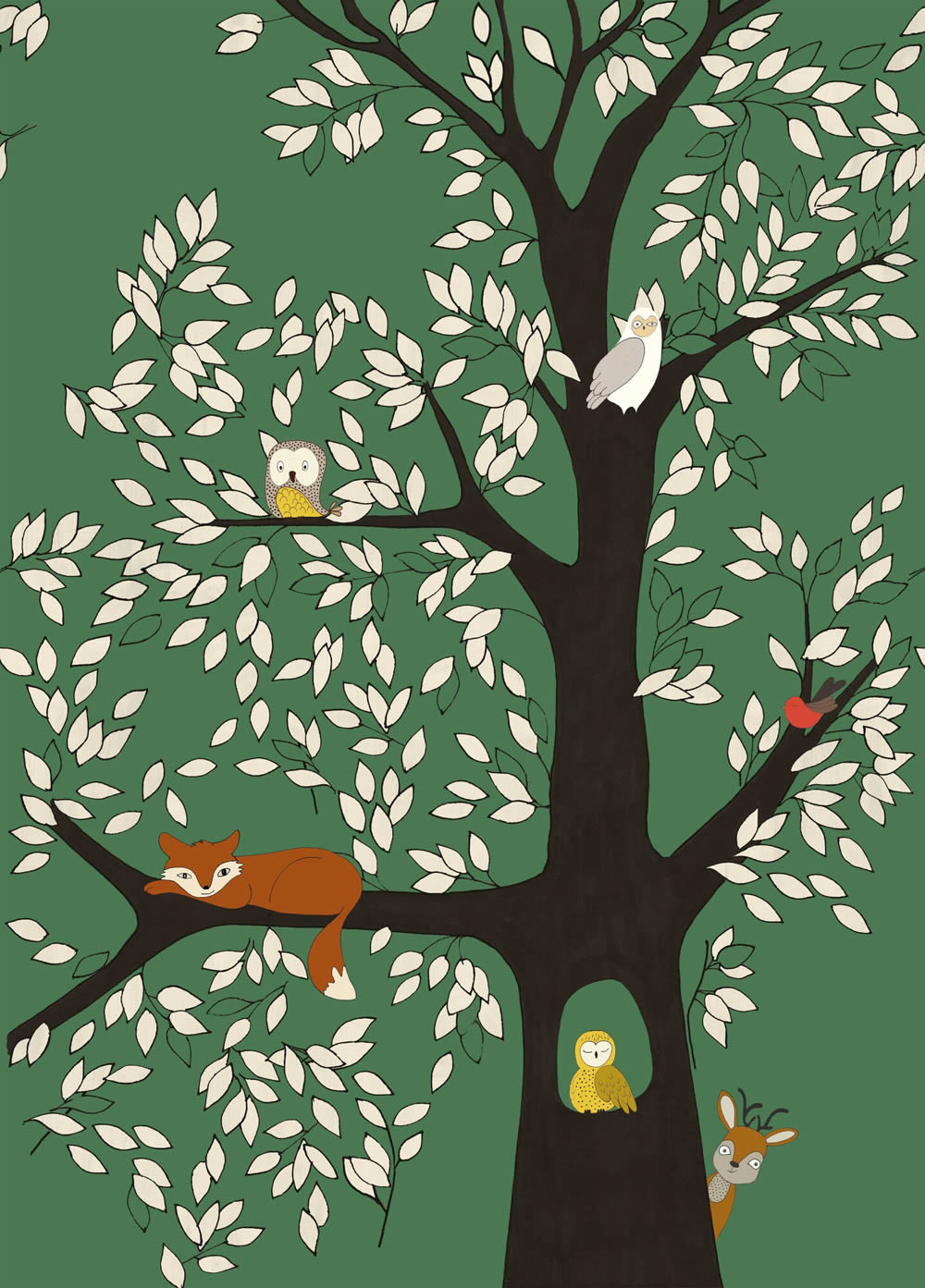Wandbild Baum Fuchs Reh Vogel Eule Wald Dunkelgrün 557763