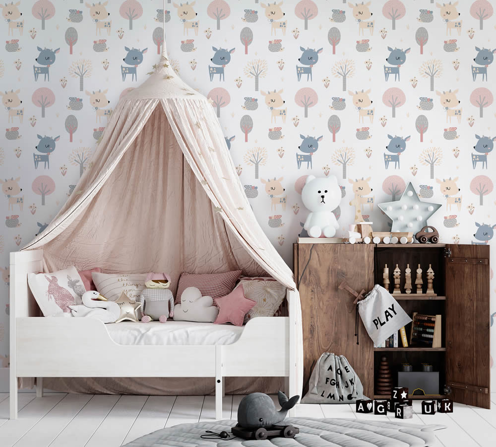 Rehe und Igel Waldtiere Tapete weiß und bunt Kids Walls Marburg 45834