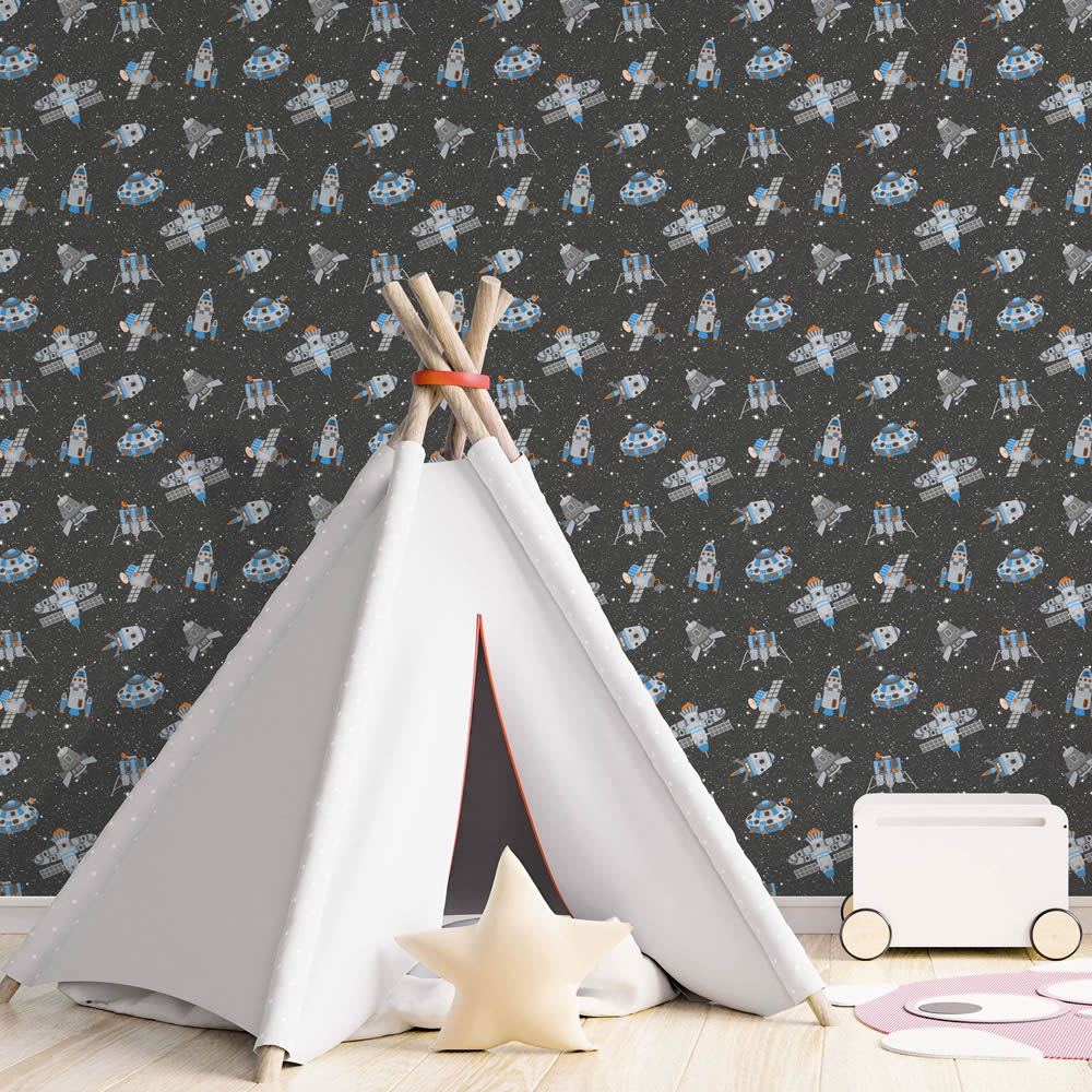 Black and blue non-woven wallpaper stars and spaceships Tiny Tots 2 Essener G78410-28-G78410.1M