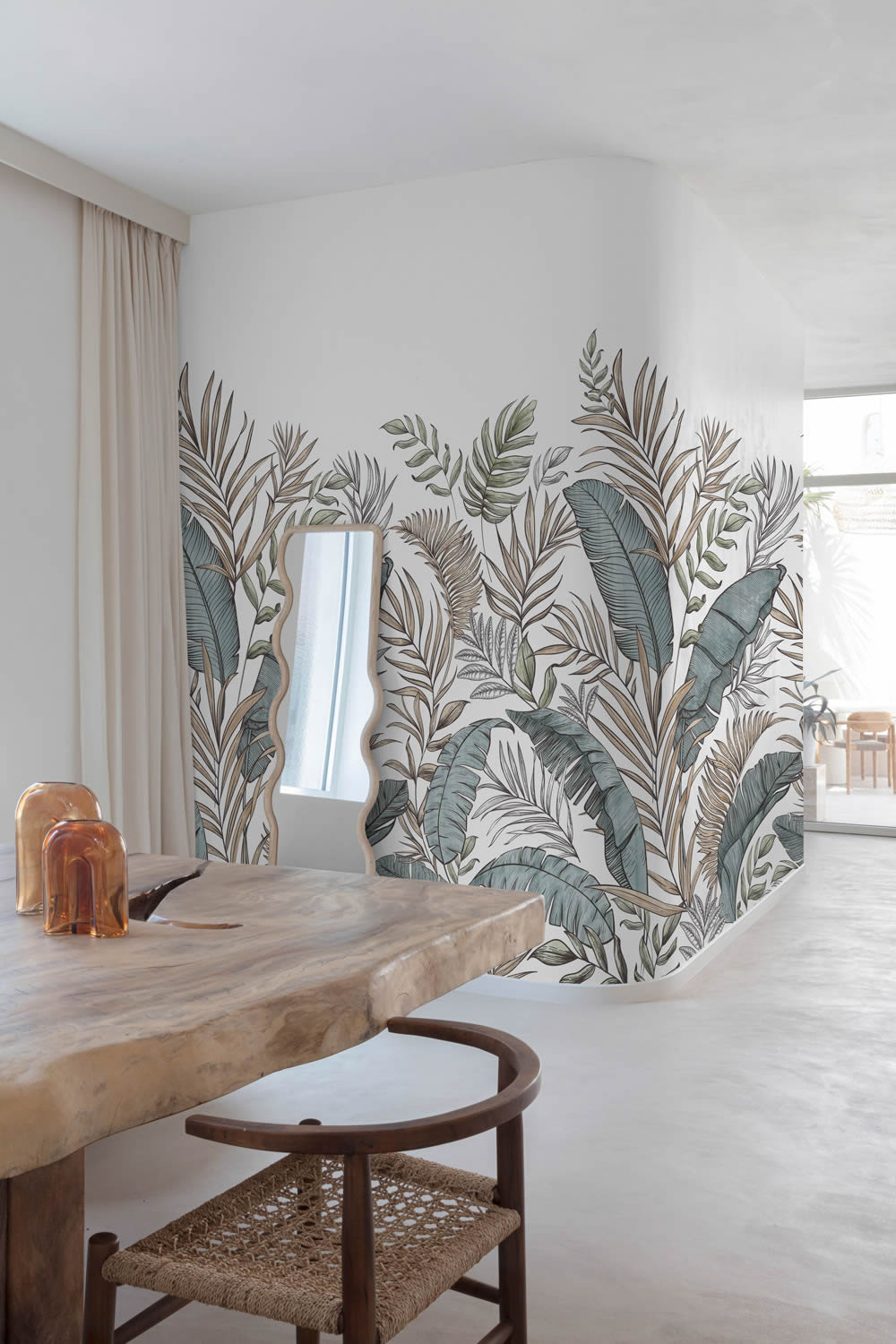 Wandbild 1,59 x 2,80 m Blätterwald botanisch Palmenwedel taupe blau A73401