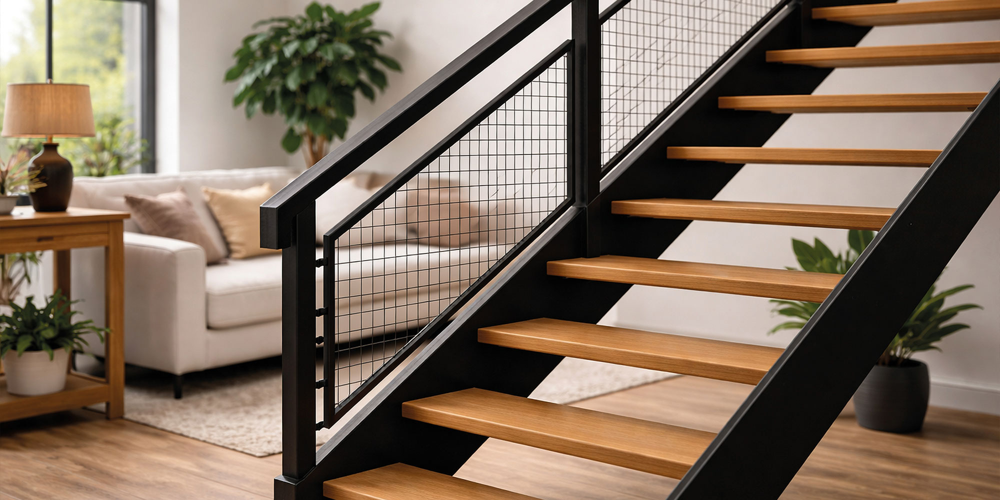 Moderne Industrie Style Treppe mit schwarz gestrichenem Geländer.