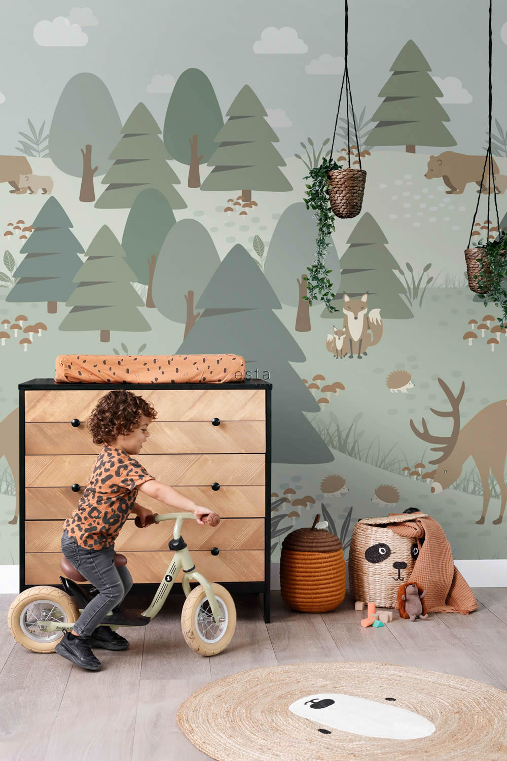 Wandbild 200 x 250 cm Waldtiere Scandi 4 Bahnen grün 159257