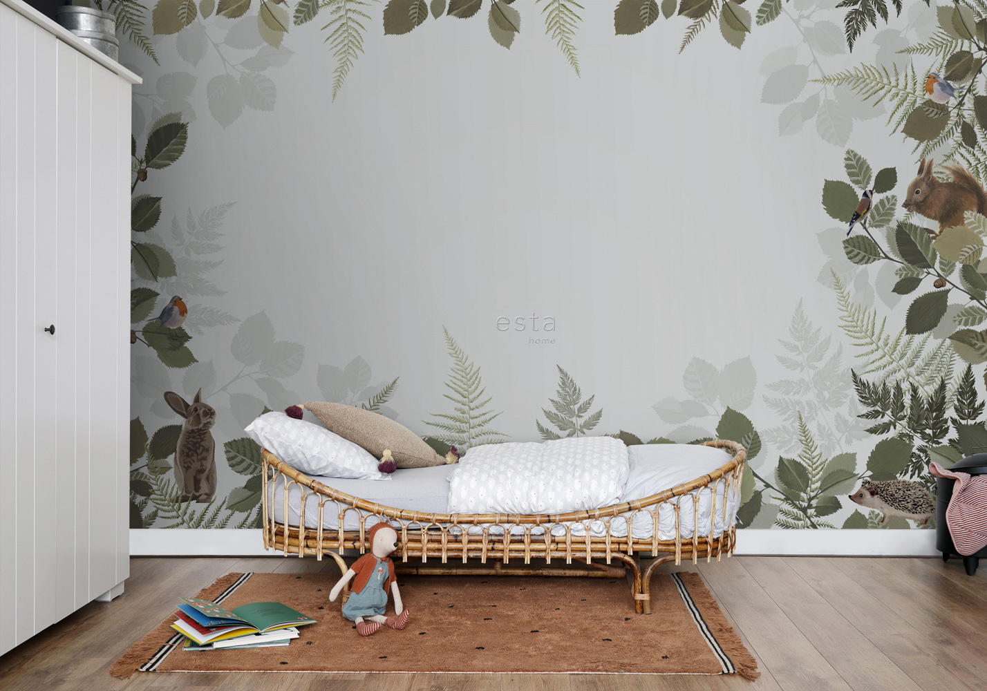 Wandbild Blätter Waldtiere grau grün 400 x 279 cm 159101