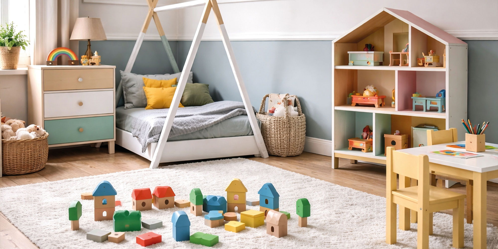 Ein buntes Kinderzimmer mit bunten Holzmöbeln und bunten Holzklötzen auf dem Teppich vor dem Bett.
