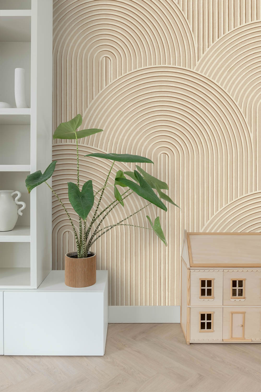 250 x 279 cm wall art 3D effect arched pattern boho beige 159382