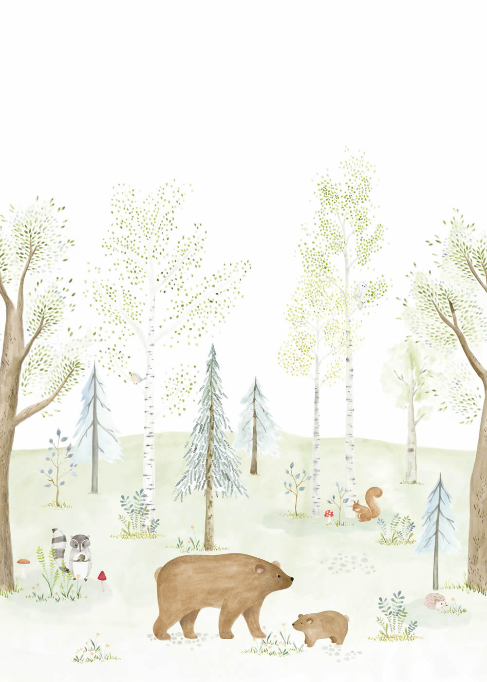 Wandbild 2,00 x 2,80 m Waldtiere Bären Eichhörnchen Bäume pastellfarben